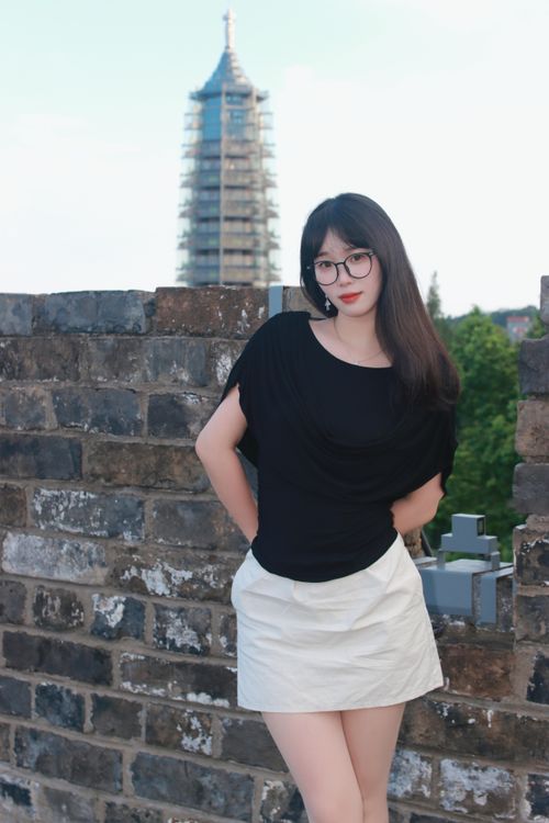 Free Stylish woman posing by historic wall in Nanjing, Jiangsu. Scenic view with pagoda in the background. Stock Photo