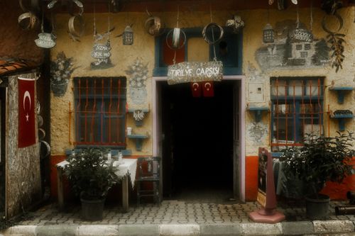 Free Colorful shopfront in Turkey with decorations and Turkish flags displayed. Stock Photo