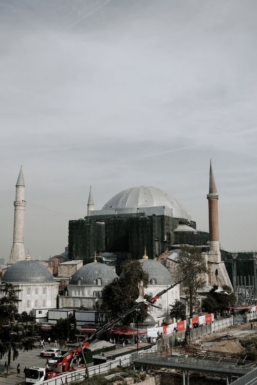Free Aerial daytime view of the iconic Hagia Sophia in Istanbul, showcasing its impressive architecture. Stock Photo