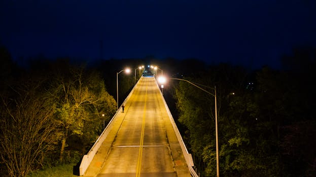 Aerial night view of a lit and deserted bridge surrounded by dark trees.