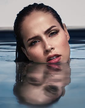 Close-up portrait of a woman partially submerged in water, capturing a dramatic and reflective mood.