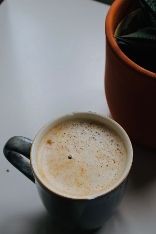 Free A cozy cup of frothy coffee beside a potted plant on a desk indoors. Stock Photo