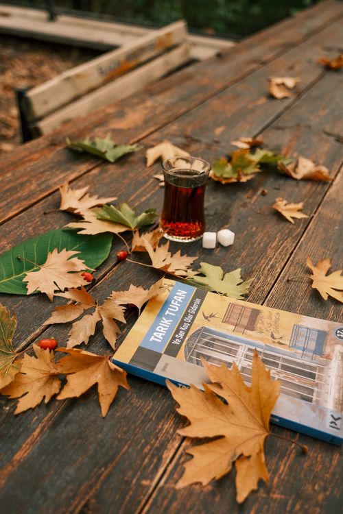 Free Cozy autumn scene with tea, a book, and fallen leaves on a rustic wooden table. Stock Photo