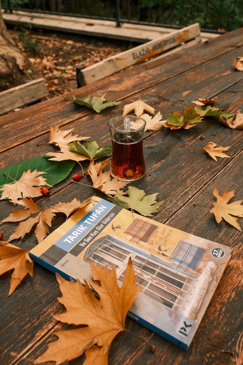 Free A cozy autumn scene with tea, a book, and fallen leaves on a wooden table. Stock Photo