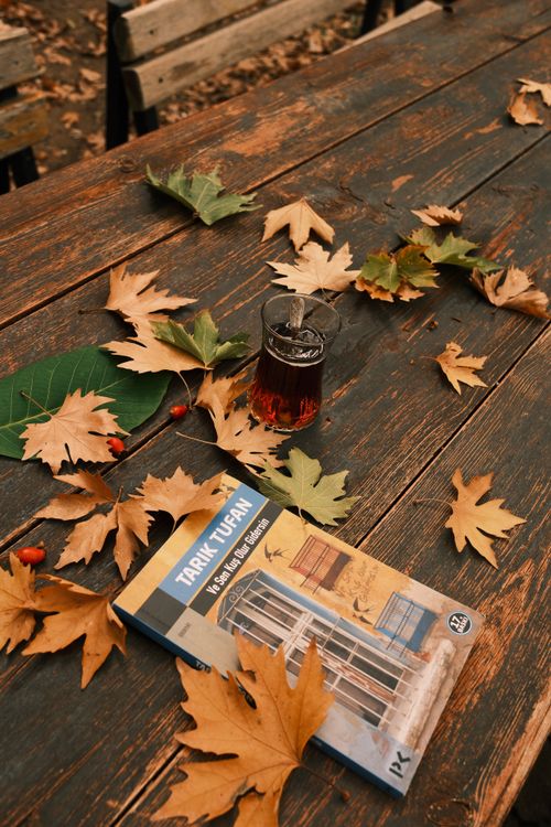 Free Autumn leaves scattered on a rustic table with a glass of tea and a book, creating a cozy fall atmosphere. Stock Photo