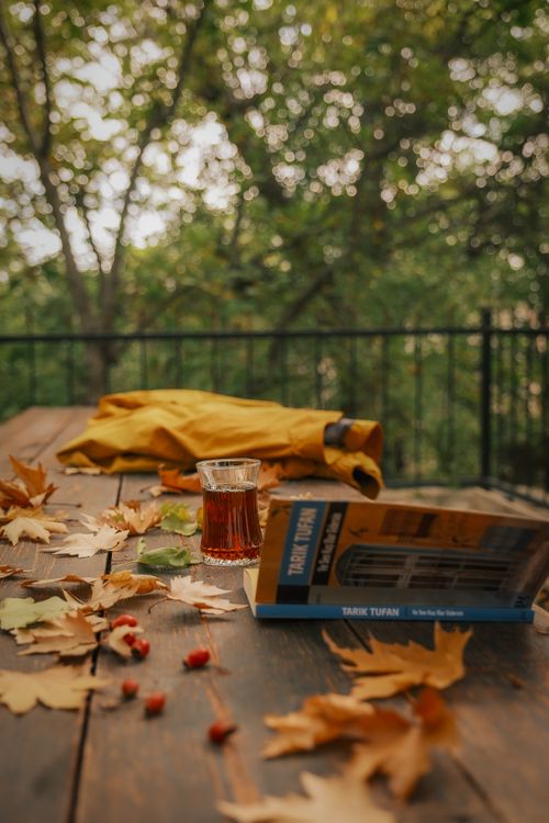 Free Cozy autumn scene with tea, book, and fallen leaves on a wooden table outdoors. Stock Photo