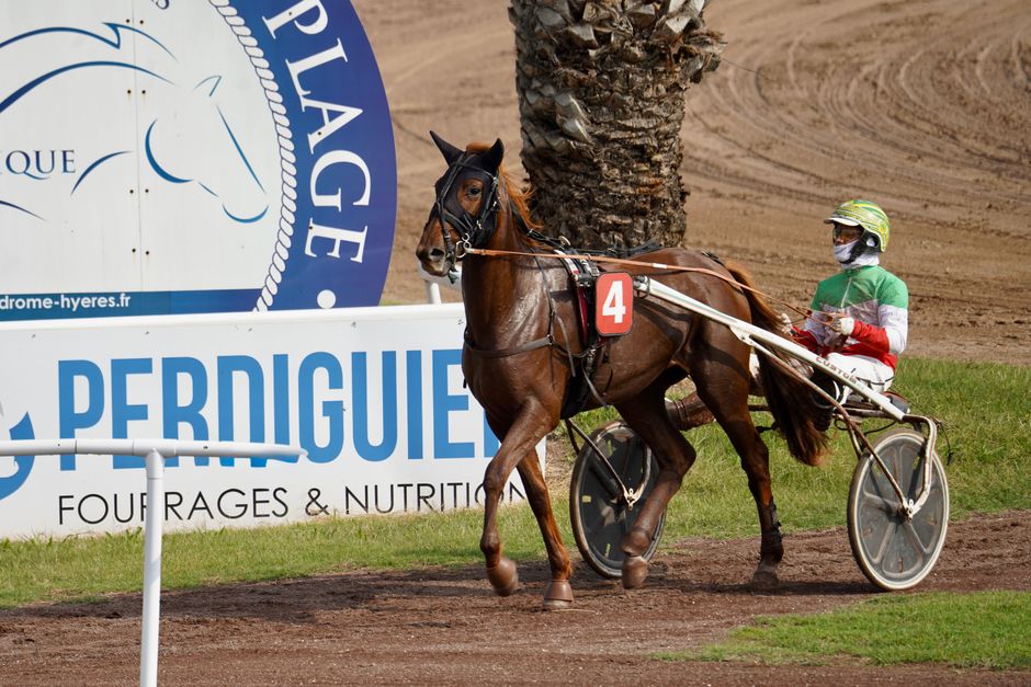 Image of a jockey and horse in a harness racing event at Hippodrome-hyeres.