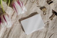 白色郁金香、纸堆和纹理织物上的金夹，铺设在极简主义的平面上