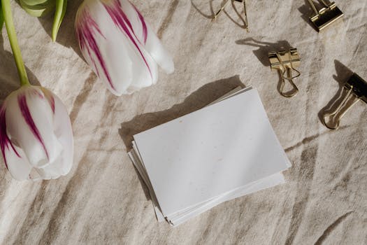 白色郁金香、纸堆和纹理织物上的金夹，铺设在极简主义的平面上