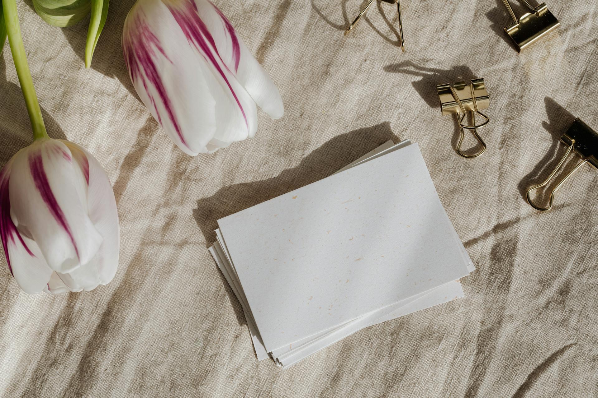 Minimalist flat lay of white tulips, paper stack, and gold clips on textured fabric.