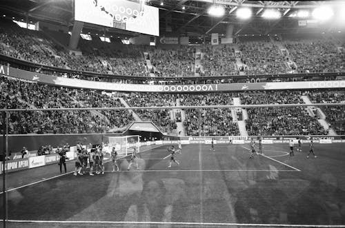 Giocatori Dello Stadio Che Celebrano Obiettivo Durante La Partita Di Calcio