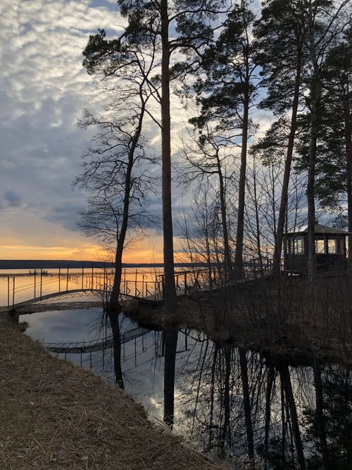 Free Serene view of a sunset reflecting off the lake in Saint Petersburg with trees and small bridge. Stock Photo