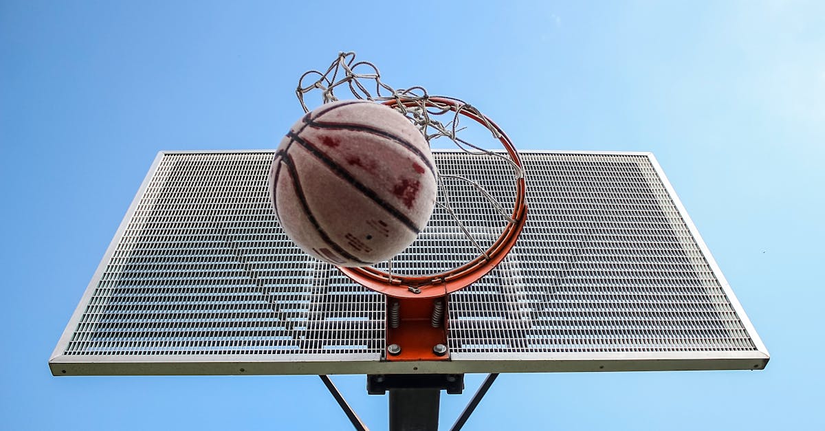A low-angle shot of a basketball making its way through the hoop against a clear blue sky.