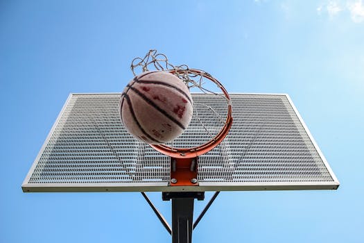 A low-angle shot of a basketball making its way through the hoop against a clear blue sky.