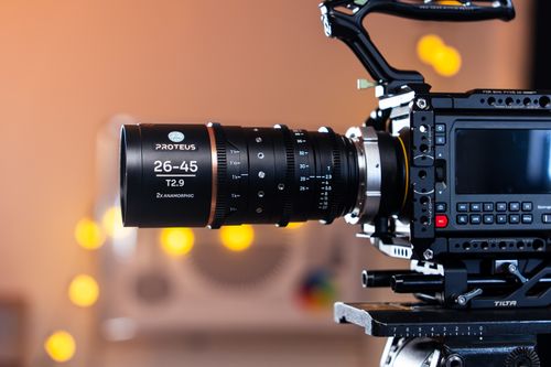 Free Detailed view of a professional camera equipped with a Proteus 26-45 T2.9 anamorphic lens. Stock Photo