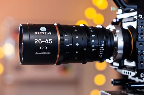 Free Detailed shot of Proteus 26-45 T2.9 lens on professional camera, perfect for cinematography visuals. Stock Photo