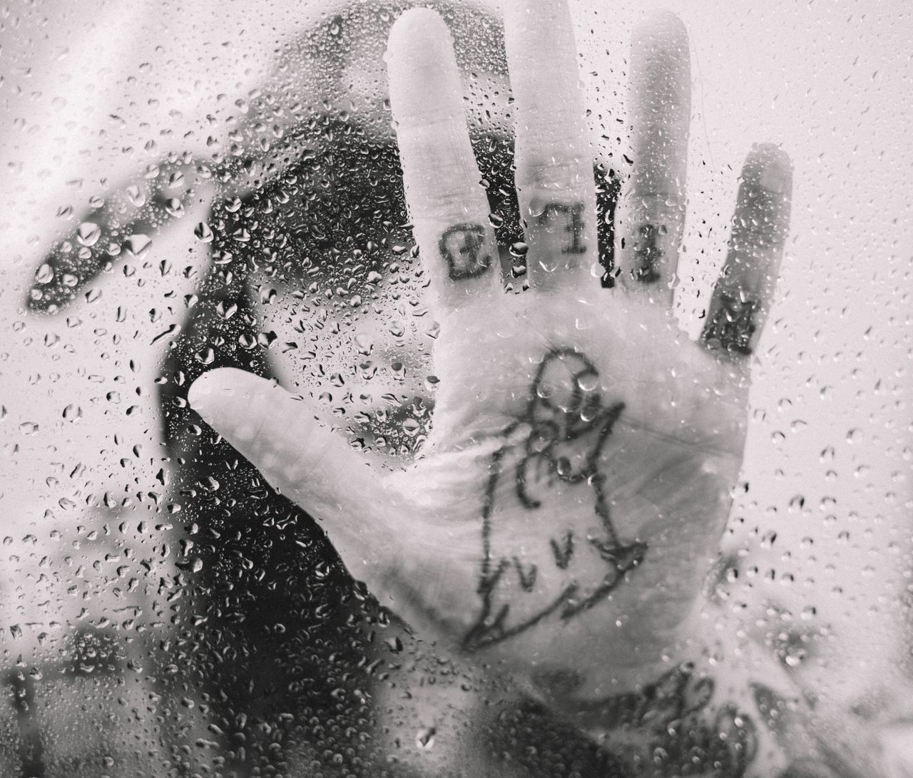through glass black and white palm with tattoos of anonymous person on
