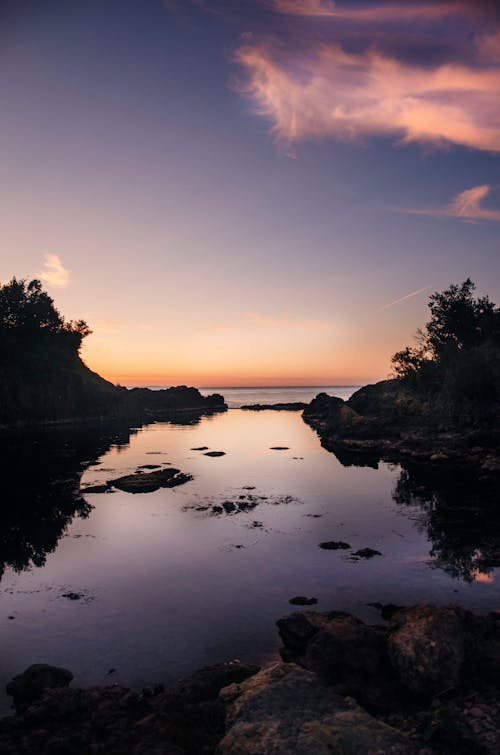 Body of Water Between Trees during Sunset