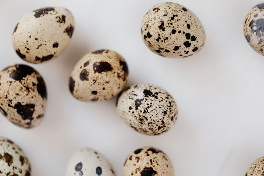 A detailed view of speckled quail eggs arranged on a white surface, showcasing their unique patterns.