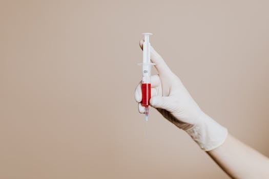 A gloved hand holding a syringe filled with red liquid, representing medical treatment or vaccination.