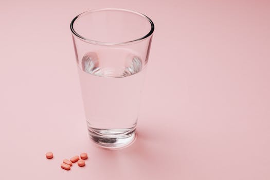 Glass of water with scattered pink pills on a pastel pink background, symbolizing medication or daily supplements.