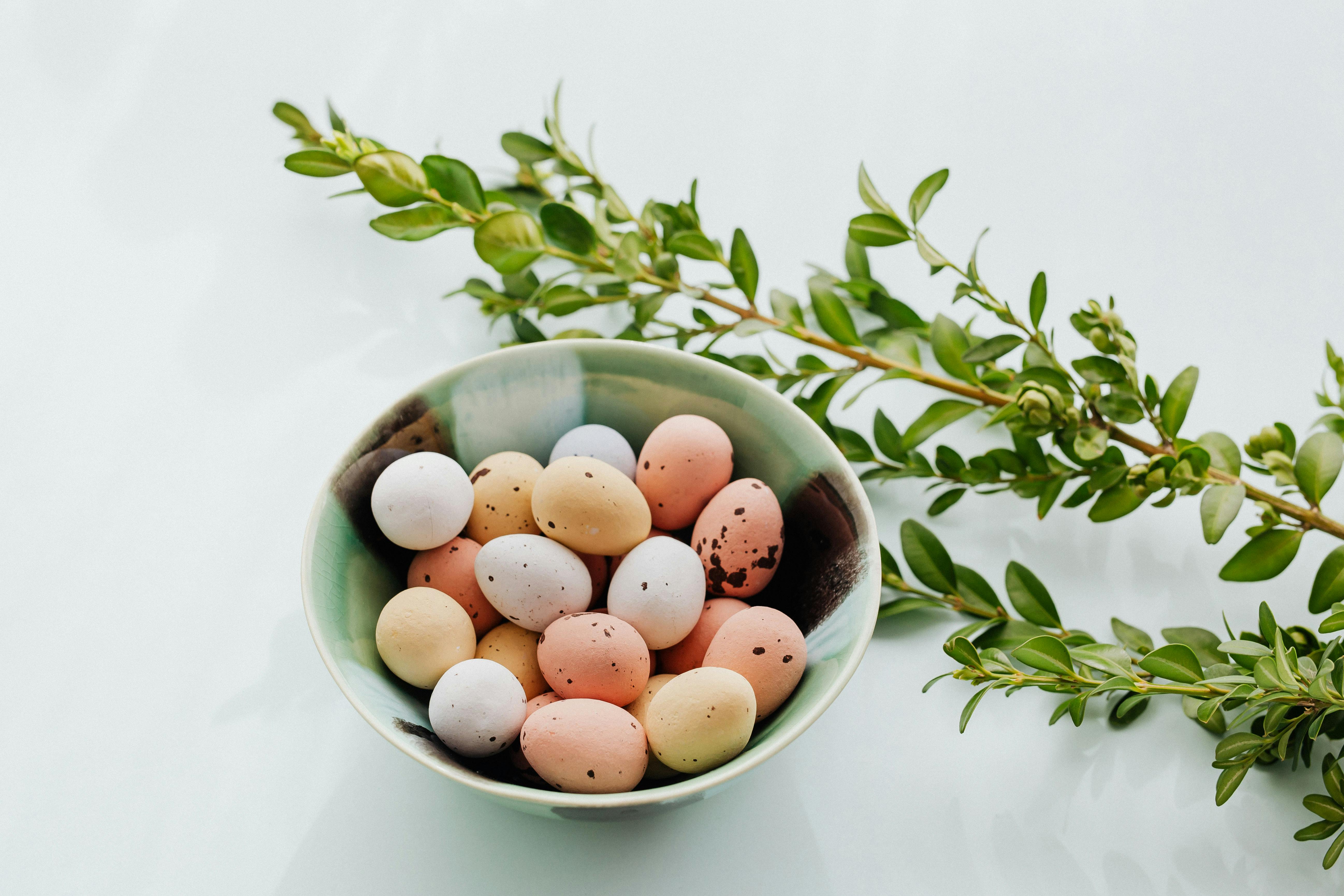 easter eggs in a ceramic bowl