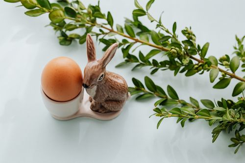 Free Decorative still life of a ceramic bunny beside an egg with green leaves on a light background. Stock Photo