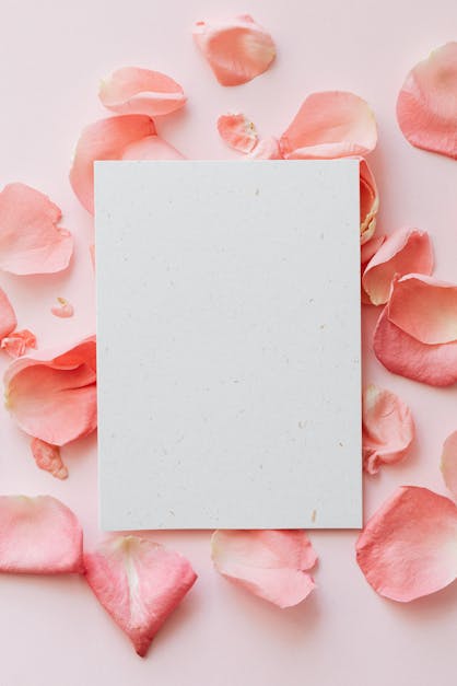 Fresh flowers petals and sheet of paper on pink surface · Free Stock Photo