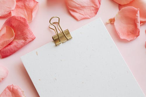 Closeup composition of clipboard arranged on pink table between pink petals of rouses