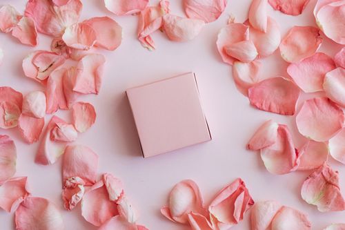 Free Top view of scattered gentle rose petals around blank gift box on white background Stock Photo