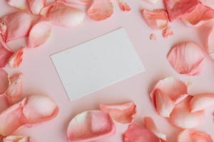 From above of white paper gift card placed among pink rose petals on pastel pink surface