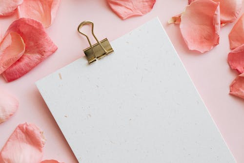 Notepad with office clip among pink petals