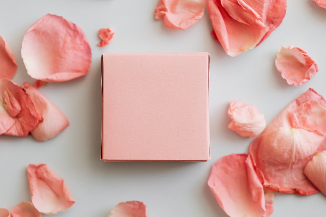 Top view of close up colorful gift box with scattered pink petals on smooth white surface