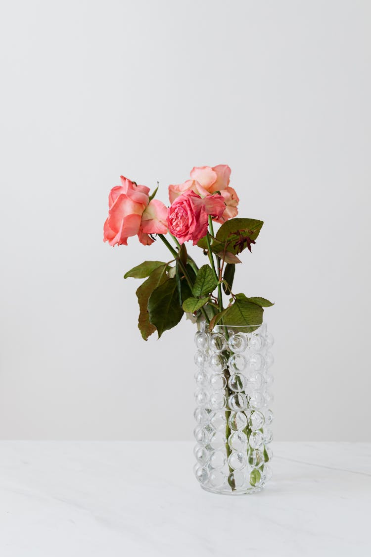 Transparent Vase With Blooming Rose Bouquet On White Table