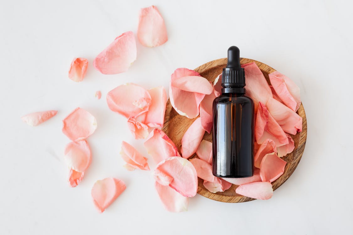 Top view of empty brown bottle for skin care product placed on wooden plate with fresh pink rose petals on white background isolated