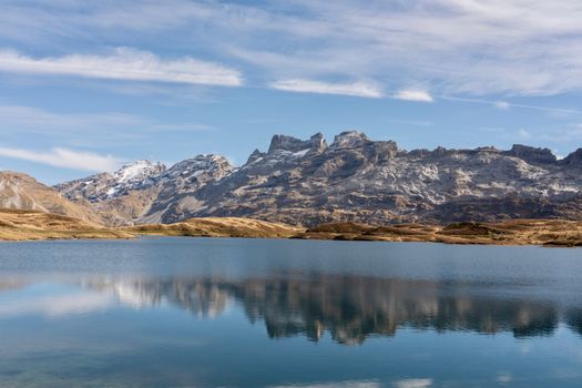 Stunning landscape of a mountain range reflecting on a tranquil alpine lake under a clear blue sky.