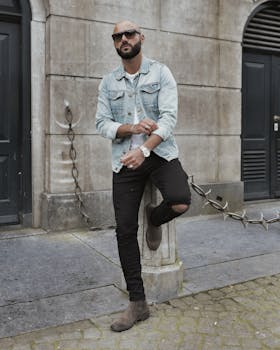 Fashionable man in sunglasses and denim jacket posing confidently against urban backdrop.