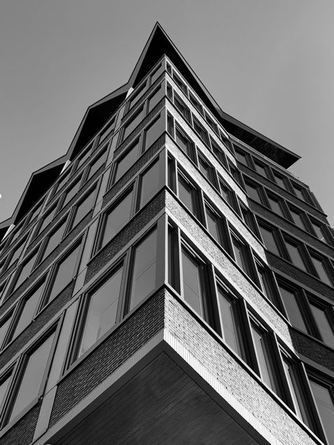 Black and white exterior of geometric modern building with shaped roof in sunlight