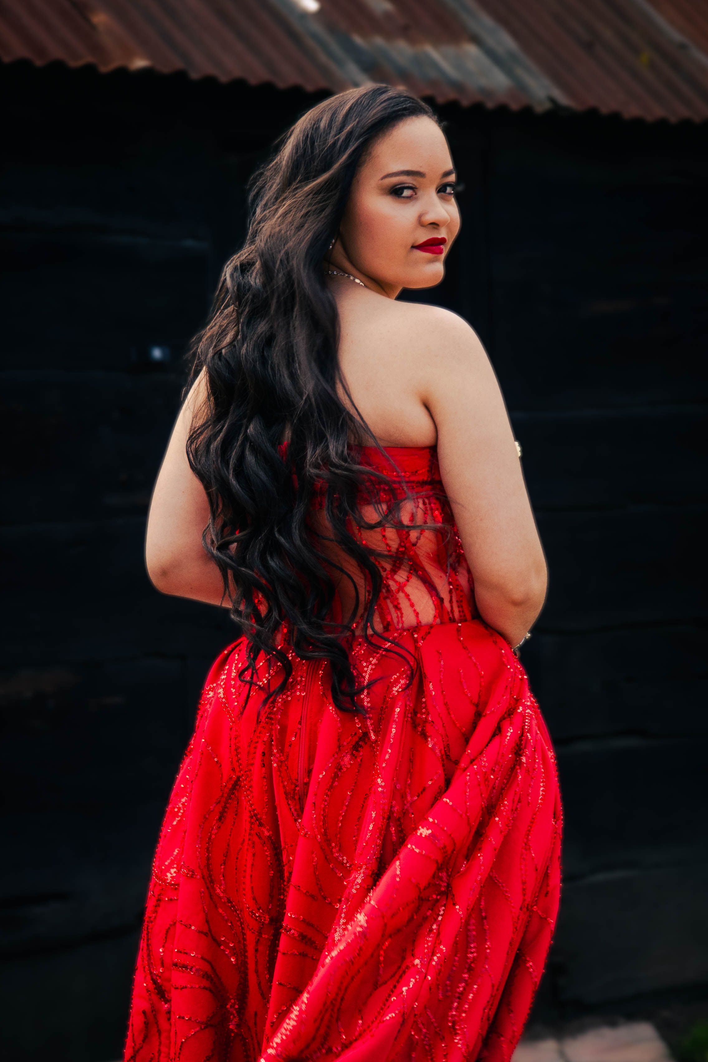 Elegant Woman in Red Gown with Long Hair · Free Stock Photo