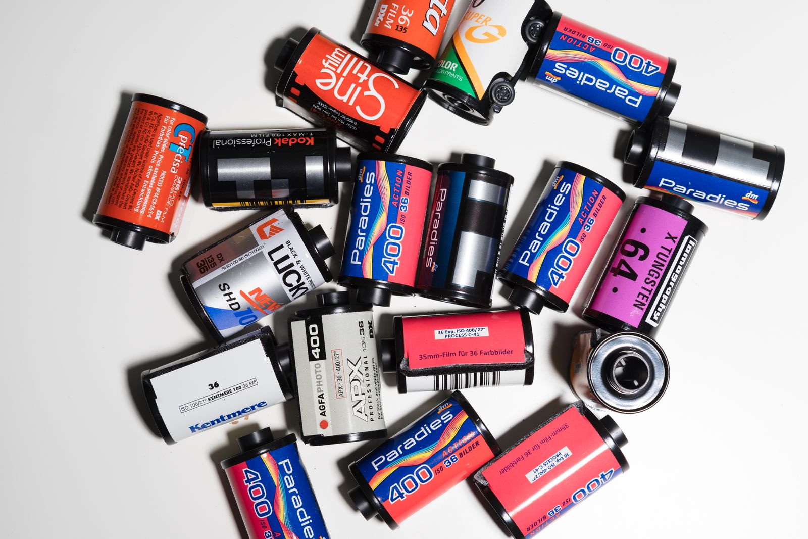 Assorted 35mm film rolls including color and black and white stocks