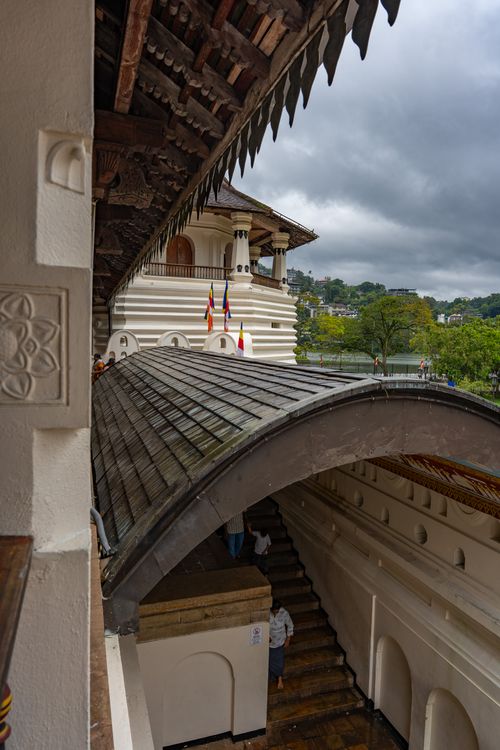 Free View of the Temple of the Sacred Tooth Relic with traditional architecture, Kandy, Sri Lanka. Stock Photo