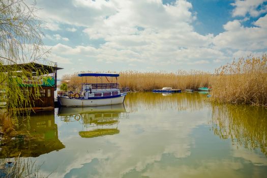 A tranquil scene of a boat docked on a calm lake, surrounded by reeds under a bright blue sky with fluffy clouds.