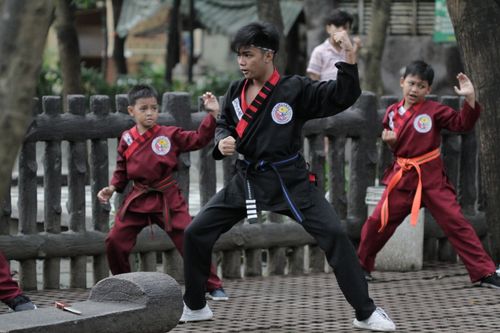 Free Group of boys in martial arts uniforms practicing karate outside. Stock Photo