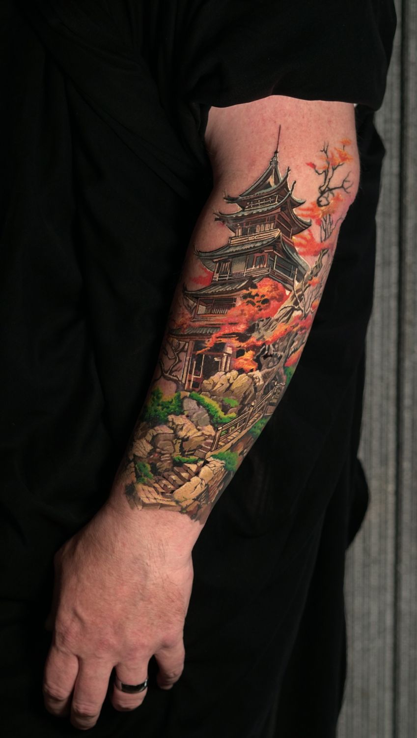 Color Japan Buildings Colorful Japanese Pagoda Tattoo on Arm · Free Stock Photo