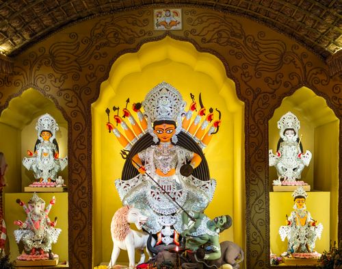 Free Intricate Durga idol displayed during Durga Puja festivities in Kolkata, India. Stock Photo