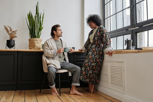 A couple shares a morning coffee in a bright, cozy kitchen. Perfect start to the day.