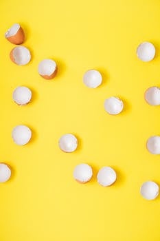 Simple arrangement of white eggshells on a bright yellow surface.