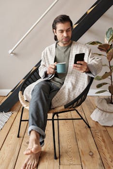 Man seated indoors, holding a coffee mug and smartphone, relaxing in comfortable attire.