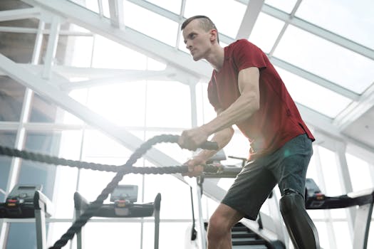 A male athlete with a prosthetic leg exercises with battle ropes in a modern gym setting.
