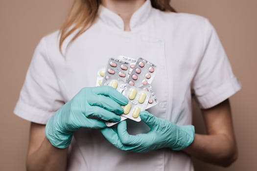 Close-up of a healthcare professional wearing gloves and holding blister packs of medication.